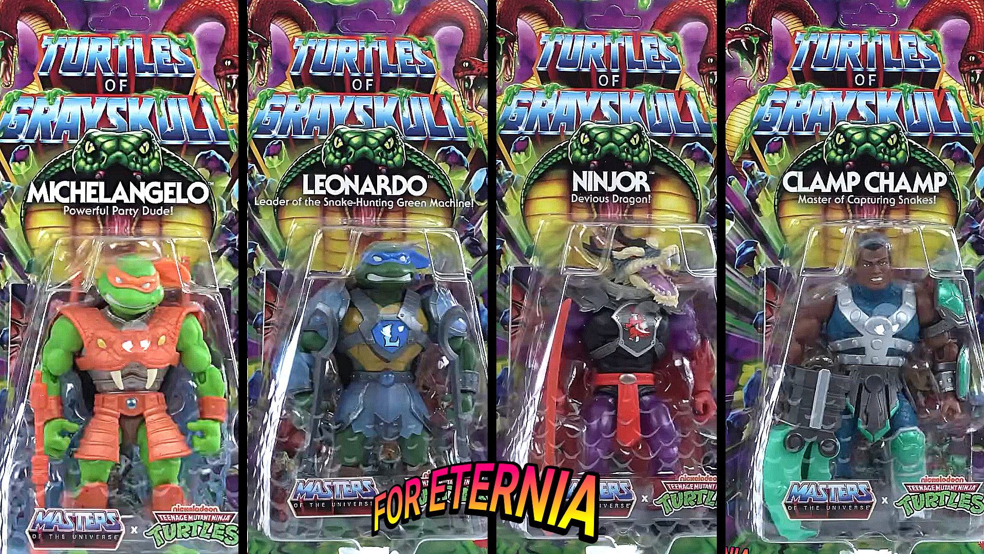 Full Packaging Reveals for latest ”Turtles of Grayskull” MICHELANGELO, LEONARDO, NINJOR and CLAMP CHAMP figures